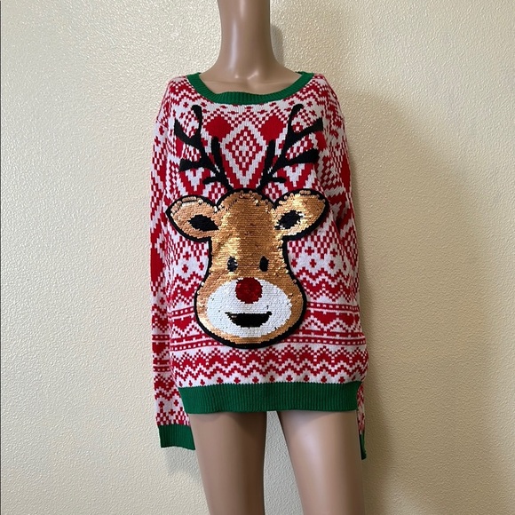 No Boundaries Sweaters - No Boundaries- Festive Reindeer Sweater - Red and Green